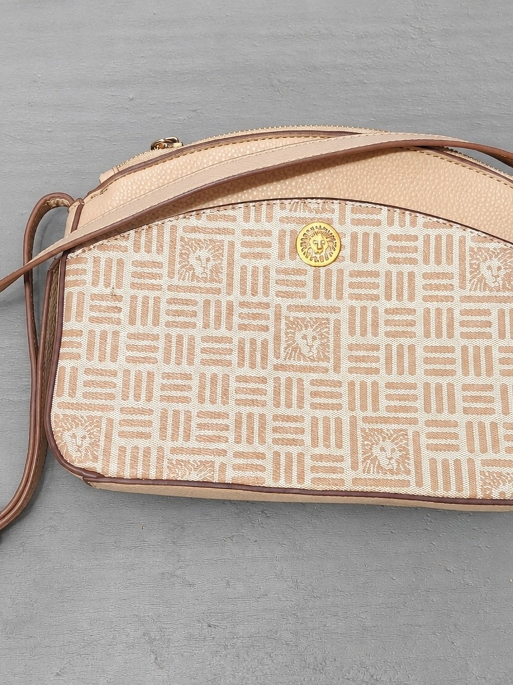 Anne Klein Beige Monogram Crossbody Shoulder Bag Gold Hardware